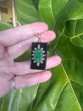 Art Deco 14K Chinese Seed Pearl Jade Onyx Pendant Chain Necklace
